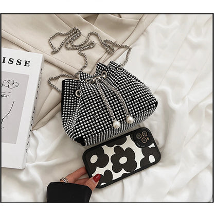 SYZM Drawstring Bucket Bag Vintage Beaded Ladies Handbag Fashion Shining Rhinestone Shoulder Bag Clutches Women Party Handbag