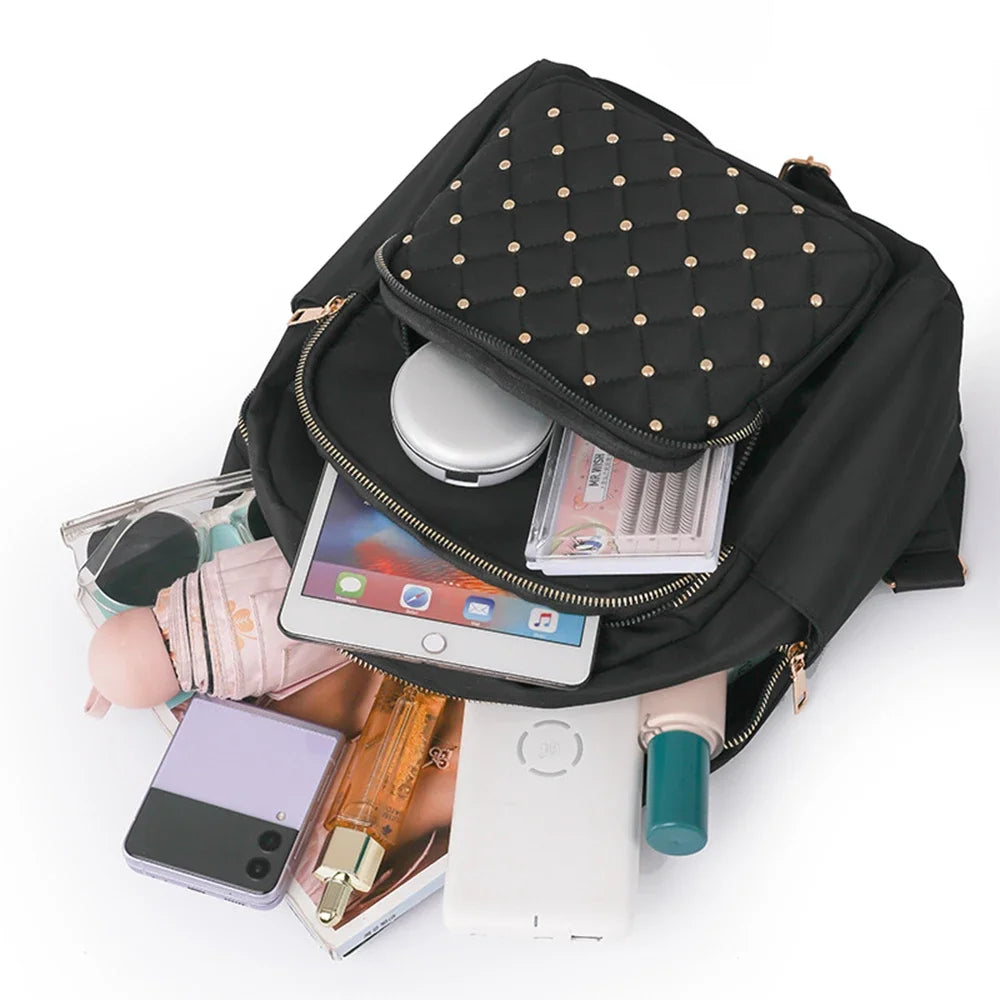 SYZM Fashion Women Backpack Soft Nylon Lady Shoulders Bag Schoolbag For Girls Rivet Decorative Backpack Elegant Female Bags