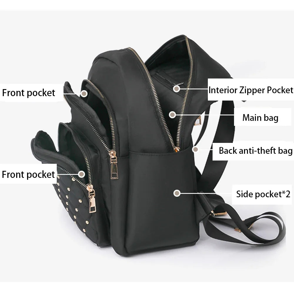 SYZM Fashion Women Backpack Soft Nylon Lady Shoulders Bag Schoolbag For Girls Rivet Decorative Backpack Elegant Female Bags