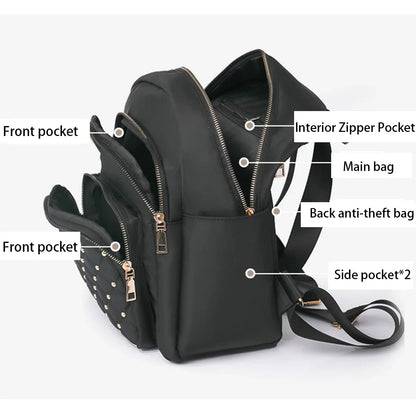 SYZM Fashion Women Backpack Soft Nylon Lady Shoulders Bag Schoolbag For Girls Rivet Decorative Backpack Elegant Female Bags