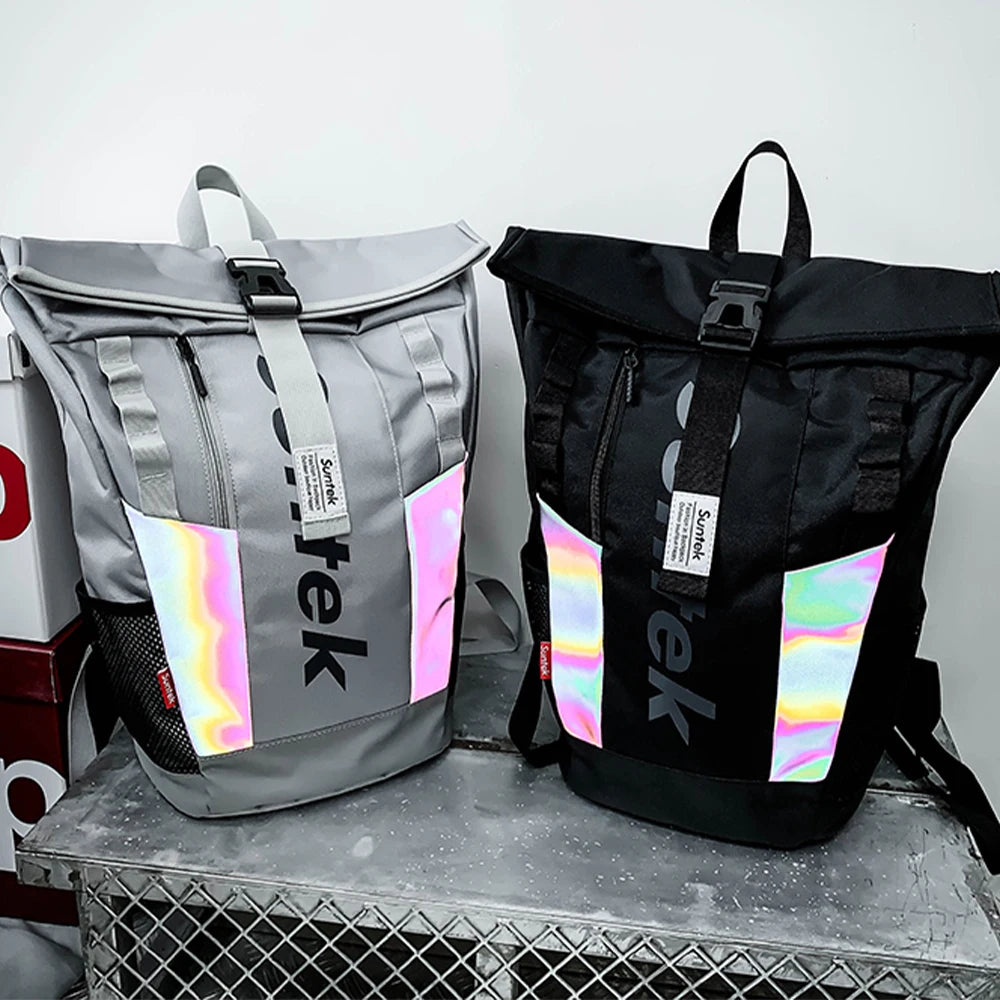 SYZM Large Capacity Travel Backpack Waterproof Nylon Couple Backpack Laser Reflective Strip Laptop Bag Teen Male School Bag