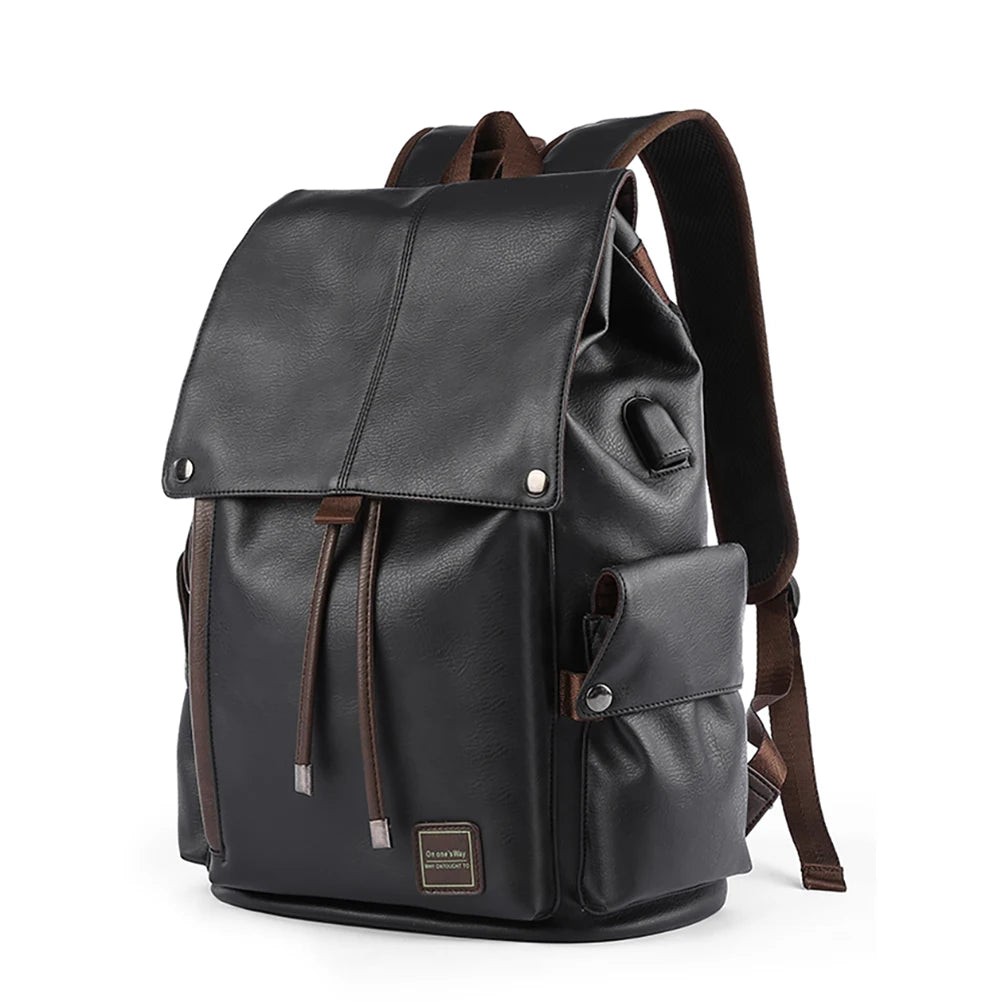 SYZM Men PU Leather Backpack Fashion Drawstring Shoulder Bag Large Capacity For Boy Laptop School Bag Cool Travelling Bag