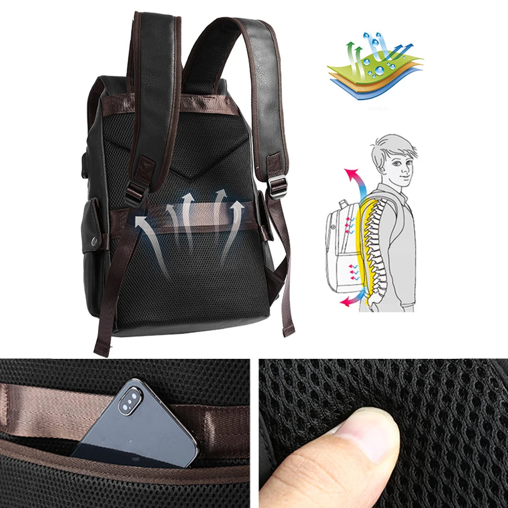 SYZM Men PU Leather Backpack Fashion Drawstring Shoulder Bag Large Capacity For Boy Laptop School Bag Cool Travelling Bag
