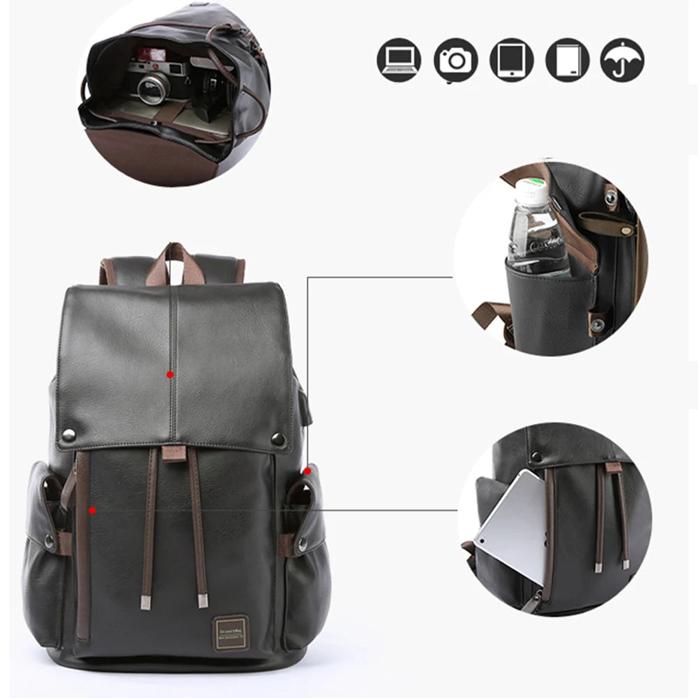 SYZM Men PU Leather Backpack Fashion Drawstring Shoulder Bag Large Capacity For Boy Laptop School Bag Cool Travelling Bag