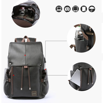 SYZM Men PU Leather Backpack Fashion Drawstring Shoulder Bag Large Capacity For Boy Laptop School Bag Cool Travelling Bag