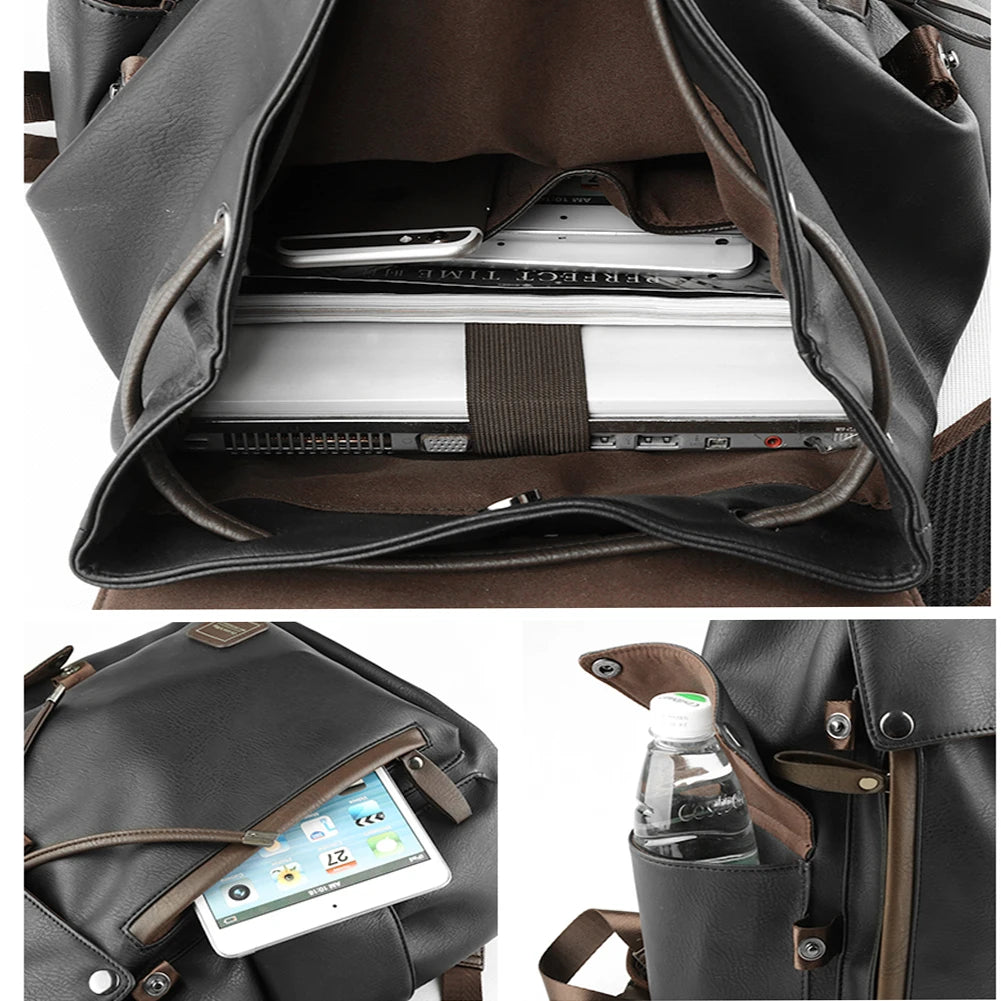 SYZM Men PU Leather Backpack Fashion Drawstring Shoulder Bag Large Capacity For Boy Laptop School Bag Cool Travelling Bag