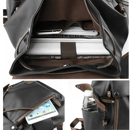 SYZM Men PU Leather Backpack Fashion Drawstring Shoulder Bag Large Capacity For Boy Laptop School Bag Cool Travelling Bag