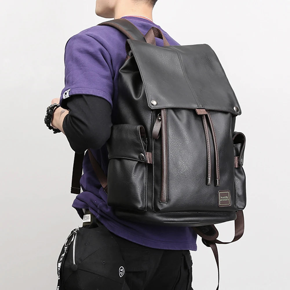 SYZM Men PU Leather Backpack Fashion Drawstring Shoulder Bag Large Capacity For Boy Laptop School Bag Cool Travelling Bag