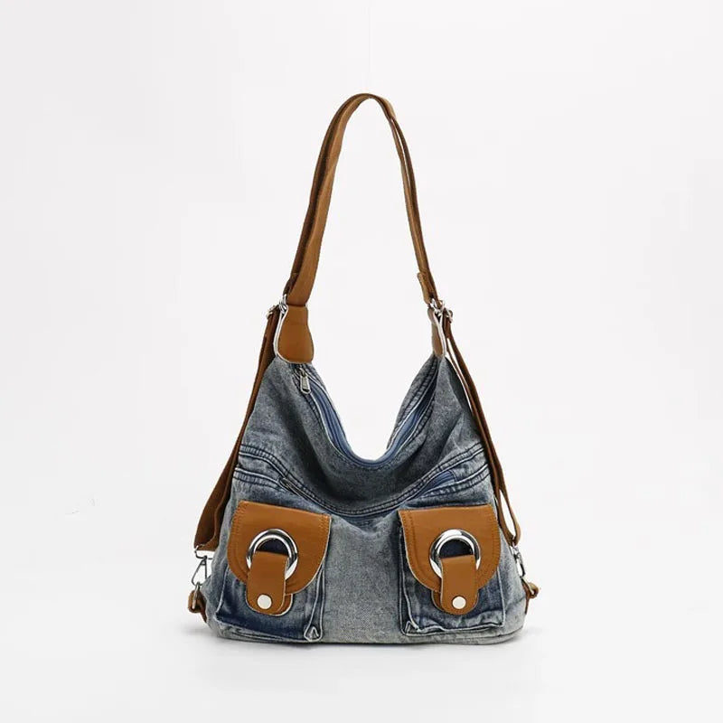 SYZM Punk Denim Bag Women's Bag Large Capacity Student Casual Backpack Female Y2K Vintage Crossbody Multi-carry Shoulder Bag