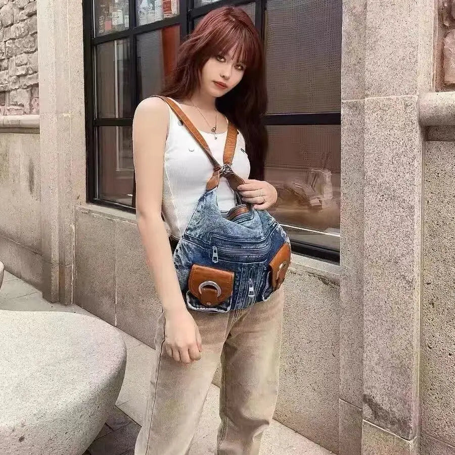SYZM Punk Denim Bag Women's Bag Large Capacity Student Casual Backpack Female Y2K Vintage Crossbody Multi-carry Shoulder Bag