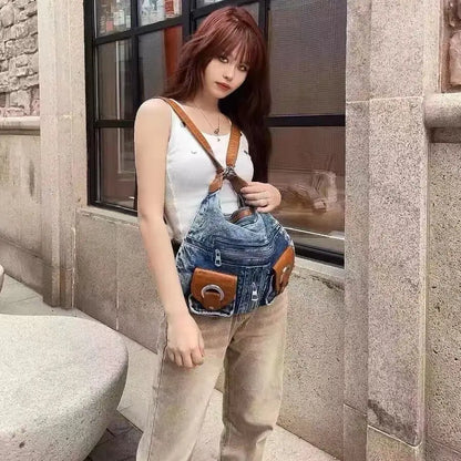 SYZM Punk Denim Bag Women's Bag Large Capacity Student Casual Backpack Female Y2K Vintage Crossbody Multi-carry Shoulder Bag