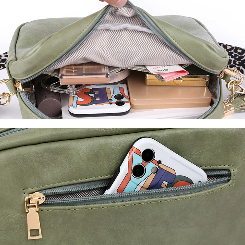SYZM Square Women Crossbody Bags Leopard Print Wide Strap Crossbody Bag  Ladies Bag with Tassels Women PU  Leather Shoulder Bags