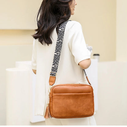 SYZM Square Women Crossbody Bags Leopard Print Wide Strap Crossbody Bag  Ladies Bag with Tassels Women PU  Leather Shoulder Bags