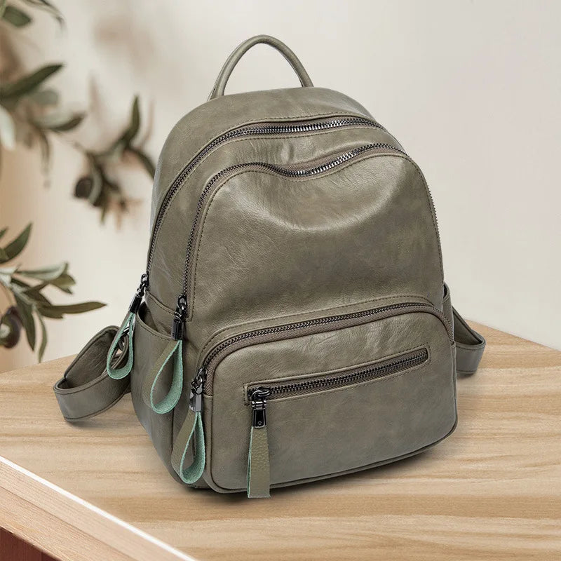 SYZM Women Large Leather Capacity Backpack Female New Multifunction Fashion Soft Leather Backpack Waterproof Schoolbag