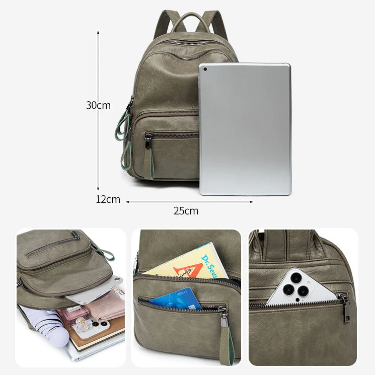 SYZM Women Large Leather Capacity Backpack Female New Multifunction Fashion Soft Leather Backpack Waterproof Schoolbag