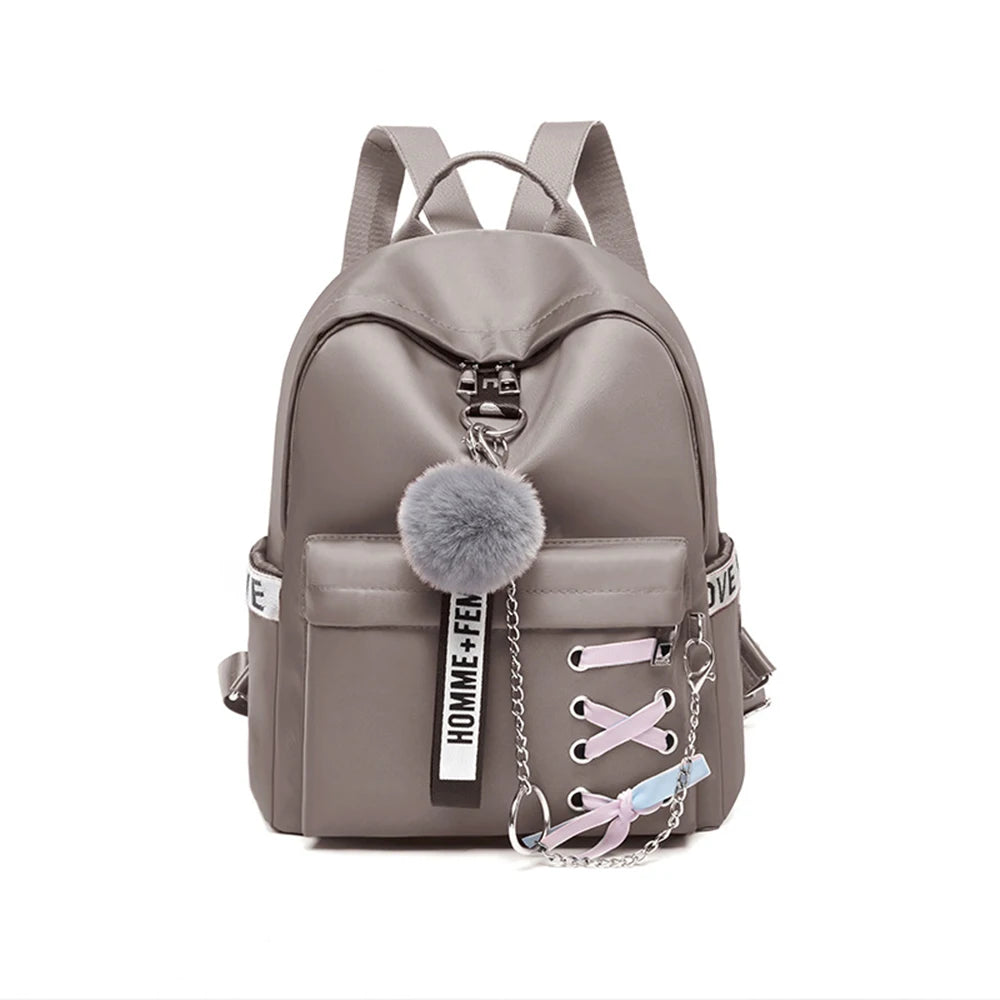 SYZM Women Waterproof Oxford Backpack Elegant Cross Strap Backpack Cute Girl Schoolbag with Plush Ball College Student Bags