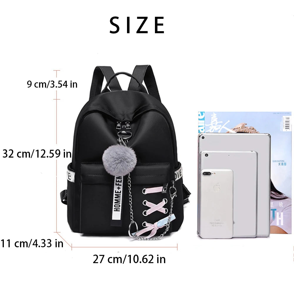 SYZM Women Waterproof Oxford Backpack Elegant Cross Strap Backpack Cute Girl Schoolbag with Plush Ball College Student Bags