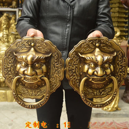 A pair # LARGE # HOME Courtyard gate TOP decoration exorcise evil spirits FENG SHUI brass lions Door handle