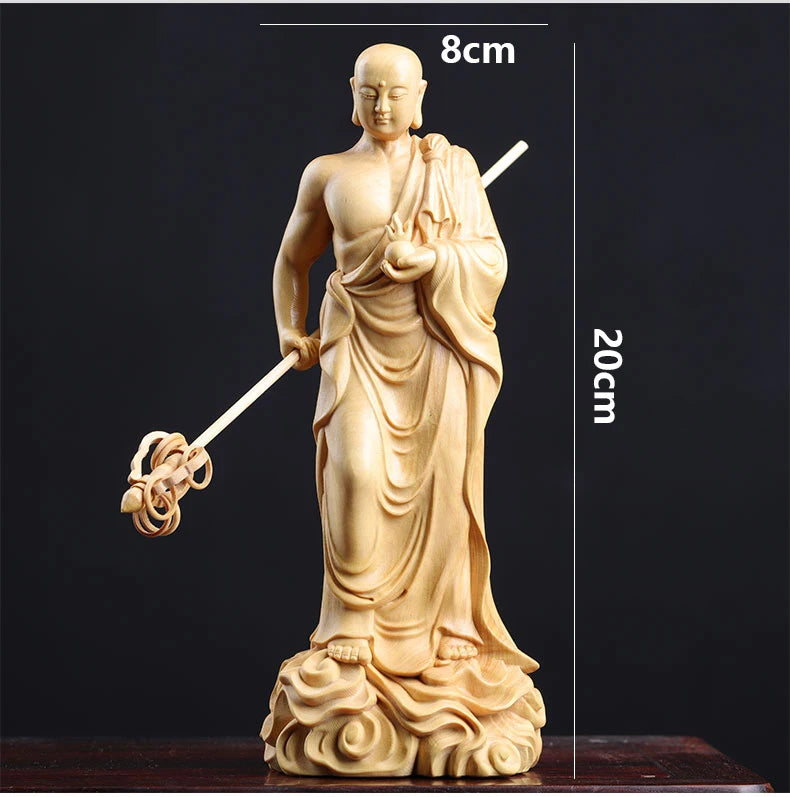 20CM Boxwood Ksitigarbha Sculpture Wood Buddha Statue Dizang Wang Bodhisattva Worship Home Decor Crafts