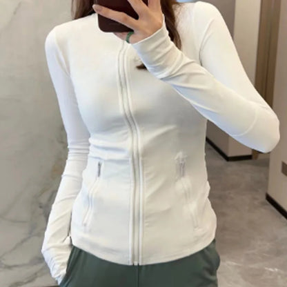 women Jacket Fitness Autumn Solid Breathable Workout Gym Coat Running Sport Sweatshirts Zipper Tight Tops