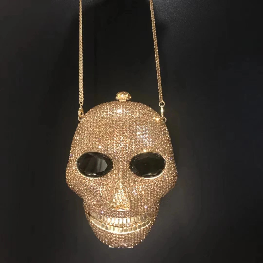 Woman Gold Diamond Skull Shape Party Bag Crystal Birthday Dinner Cocktail Prom Clutch Purse Ladies Wedding Bridal Stone Handbag