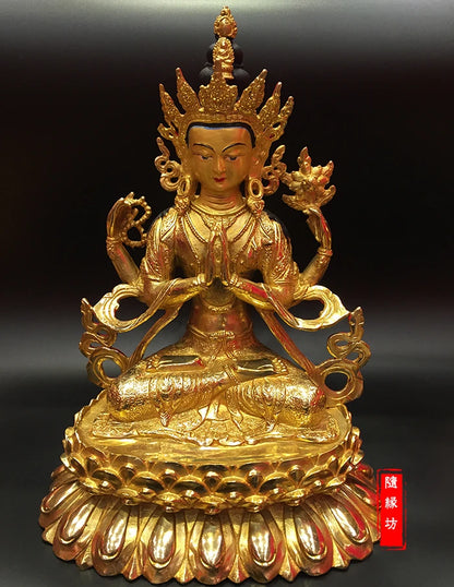GOOD --30CM large --Buddhist Buddhism home family efficacious Protection Gold-plated brass Four arm Guanyin gold Buddha  statue