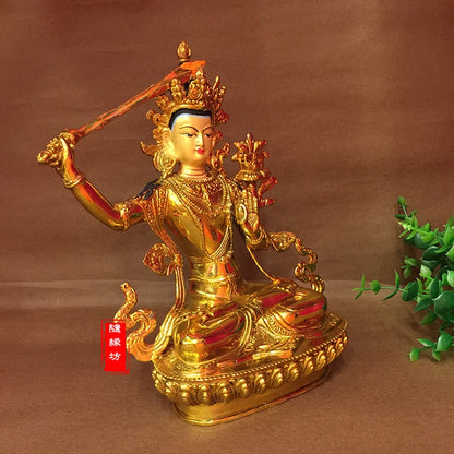 GOOD --22cm Buddhist Buddhism efficacious Protection Tibet Nepal Gold-plated the Bodhisattva Manjusri brass Buddha statue