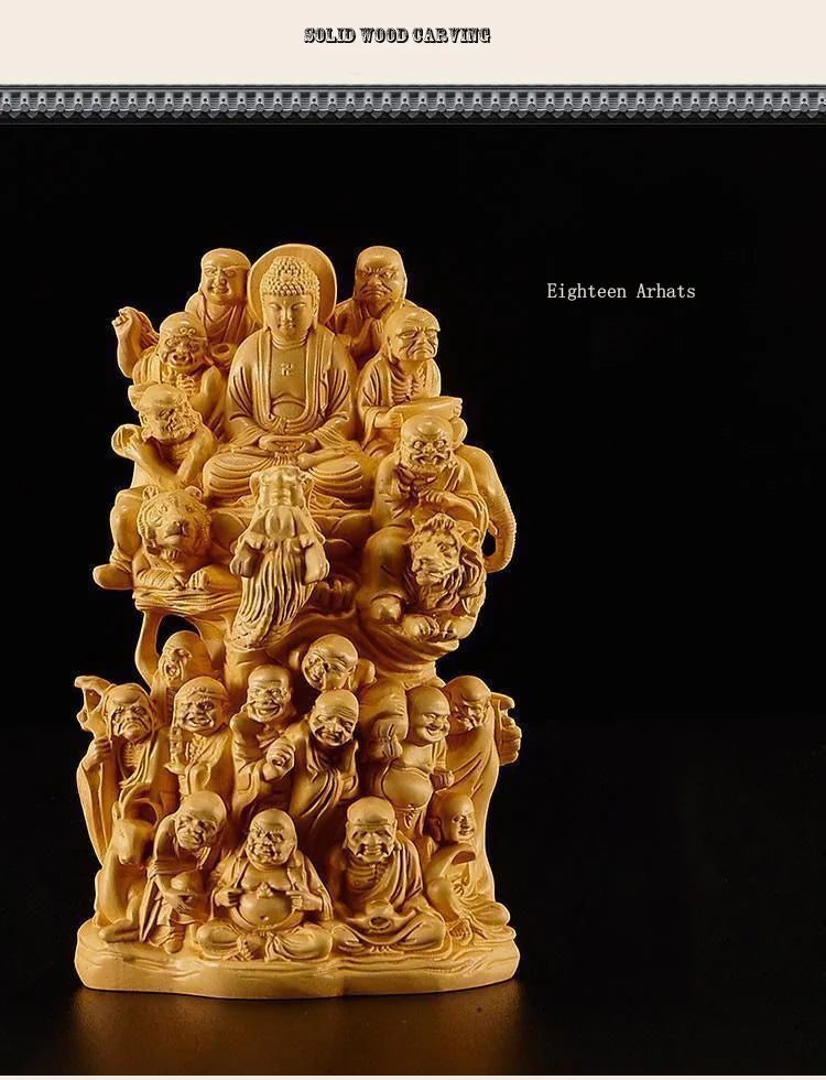 Wood carving Eighteen Arhats Buddha statue， Pure Solid Wood carving，Home living room, room wealth art statue