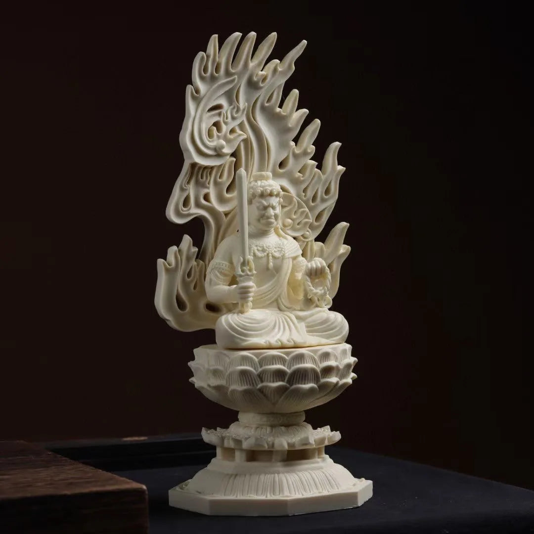 Sacred Acala Showcase: Fudo Myoo Enlightened Presence on Lotus - Exquisite Mingwan Wooden Buddha Artifact, Universal Craft