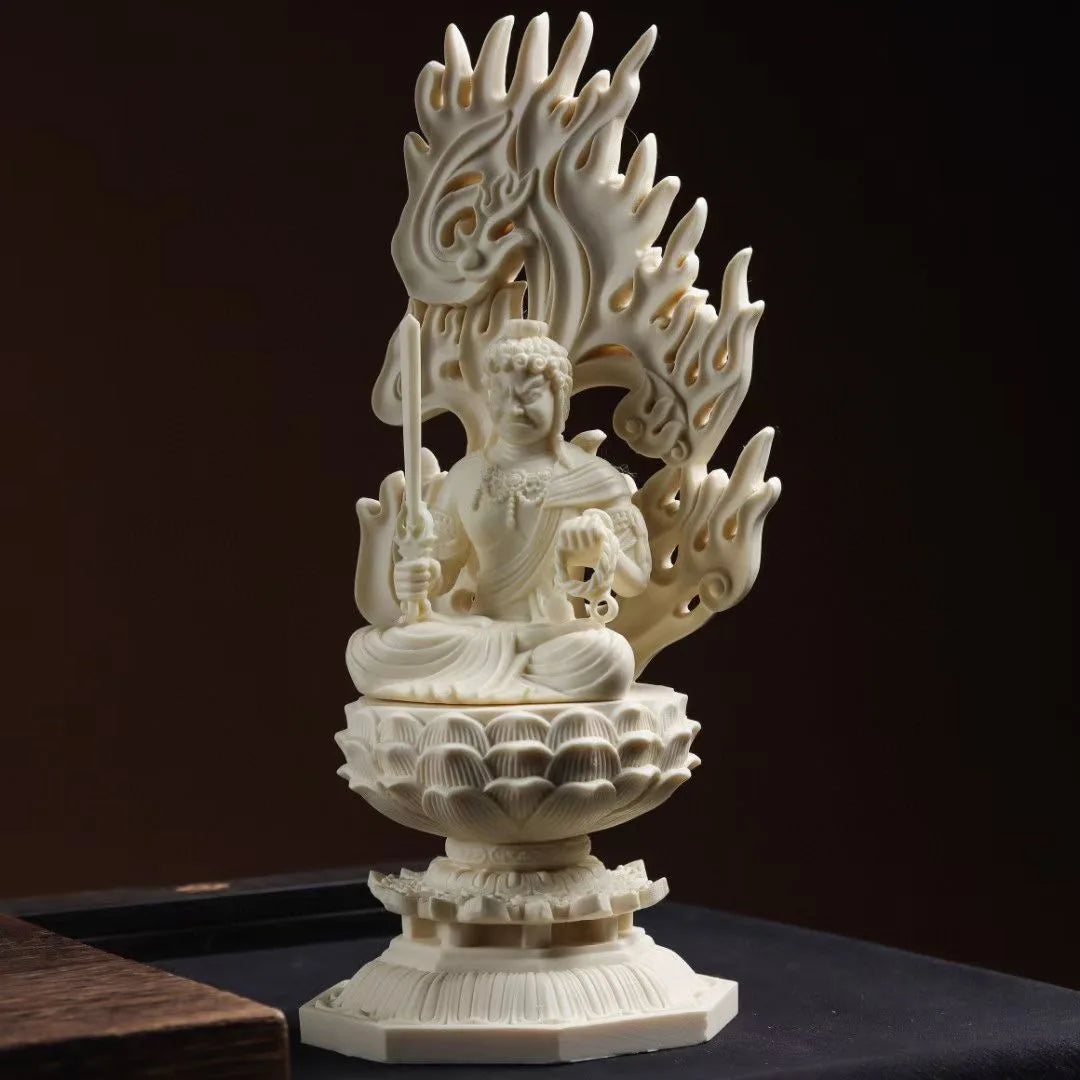 Sacred Acala Showcase: Fudo Myoo Enlightened Presence on Lotus - Exquisite Mingwan Wooden Buddha Artifact, Universal Craft