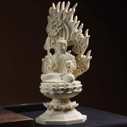 Sacred Acala Showcase: Fudo Myoo Enlightened Presence on Lotus - Exquisite Mingwan Wooden Buddha Artifact, Universal Craft