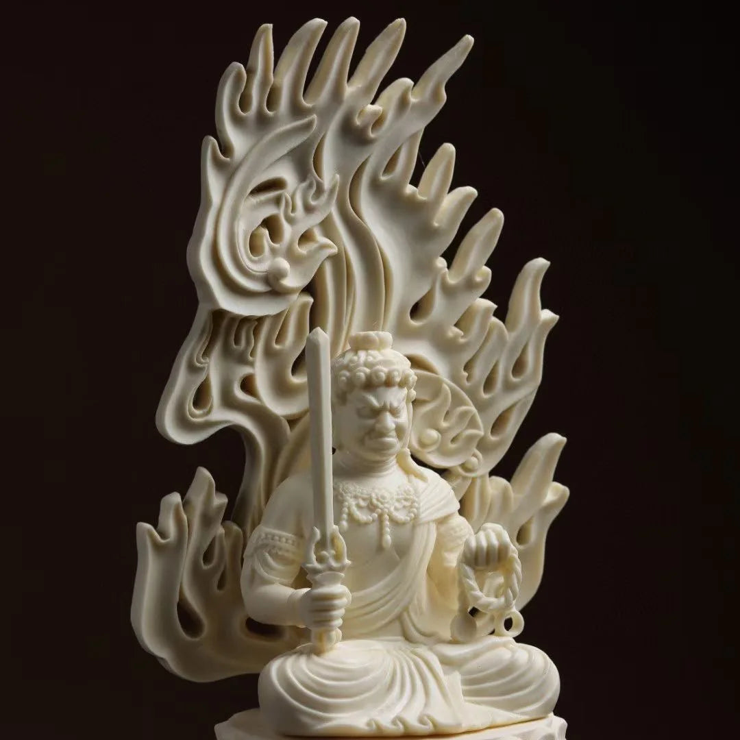 Sacred Acala Showcase: Fudo Myoo Enlightened Presence on Lotus - Exquisite Mingwan Wooden Buddha Artifact, Universal Craft