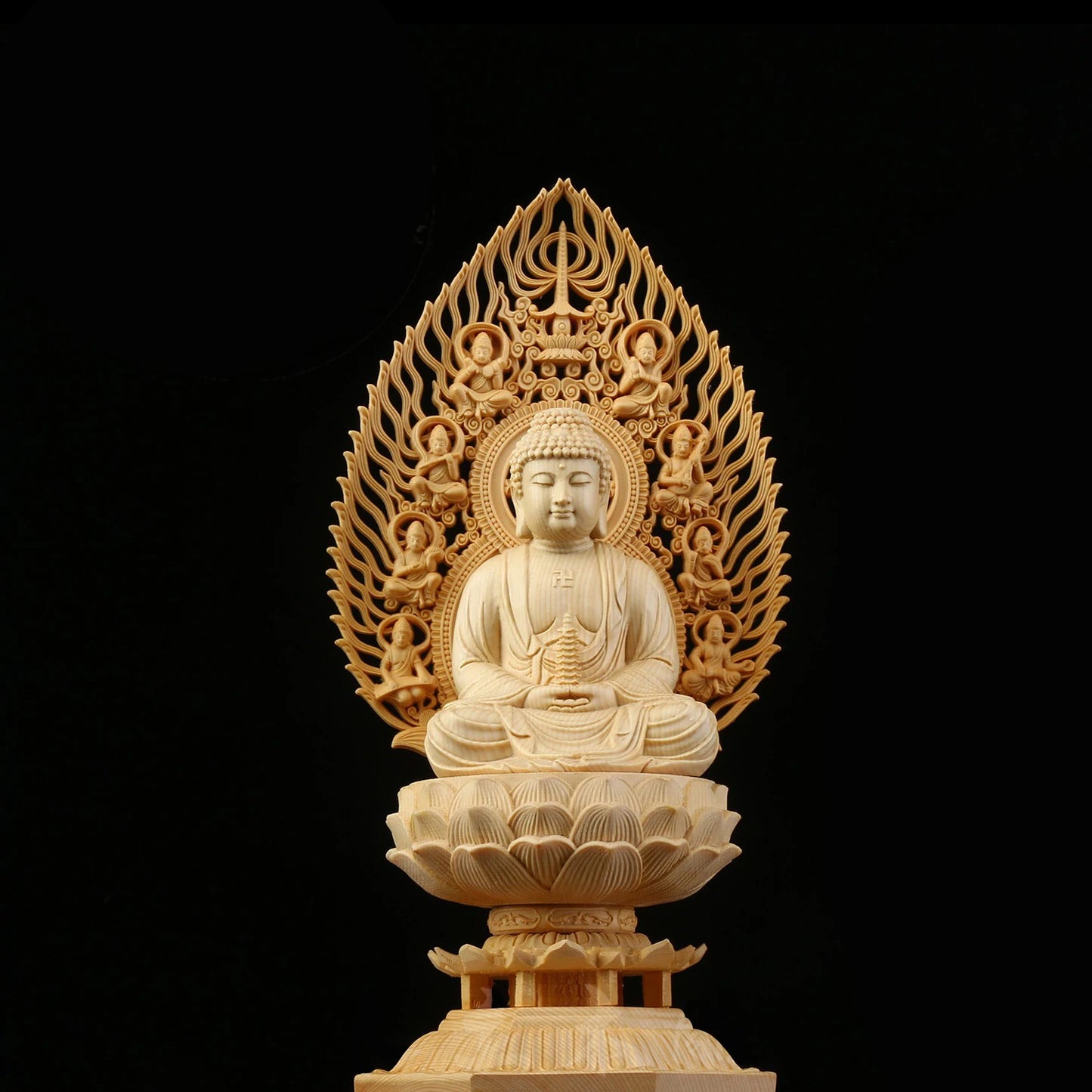 Sacred Solid Wood Sculpture, Medallion, Gautama, Patron Saint of Harmony and Prosperity, Embellishing Feng Shui