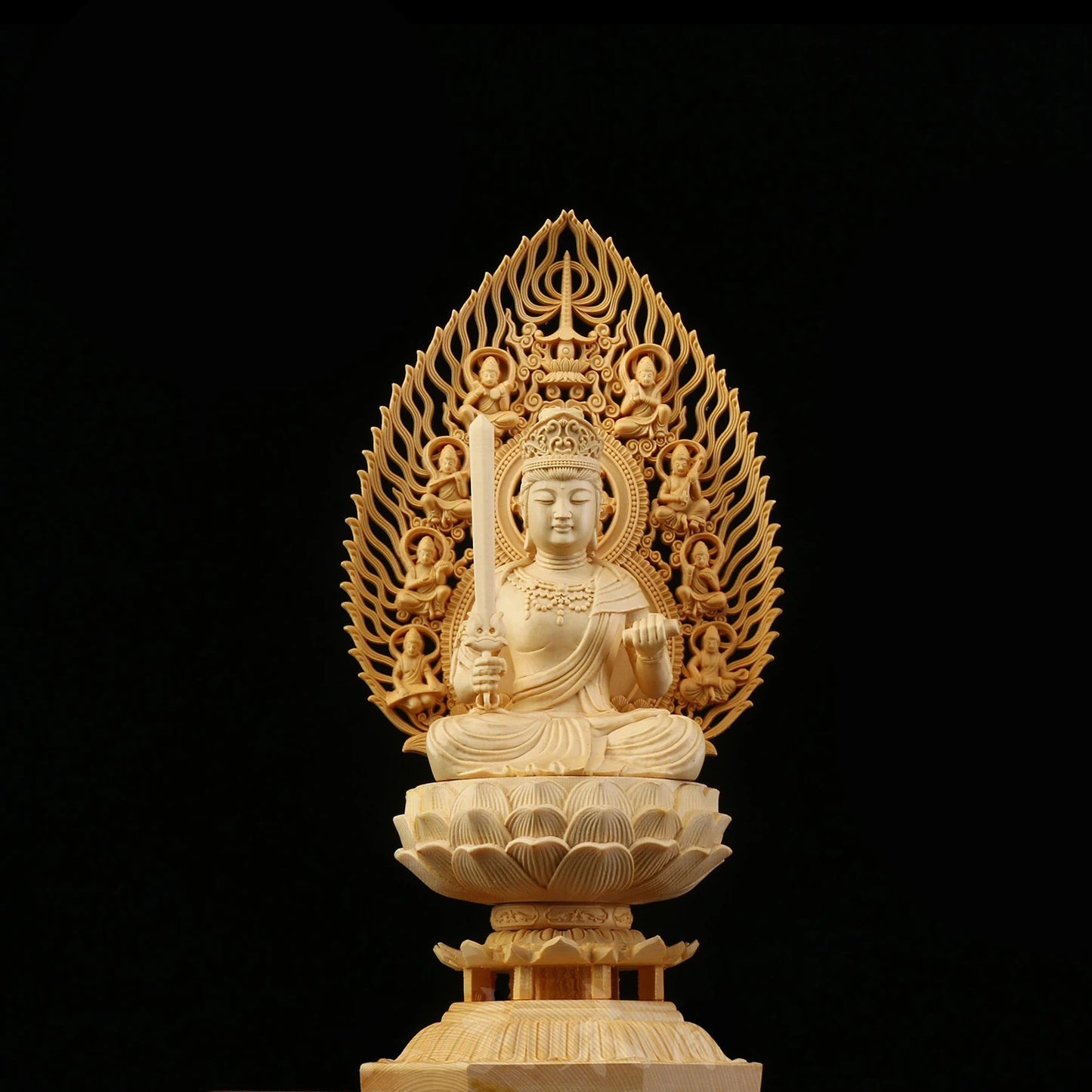 Sacred Solid Wood Sculpture, Medallion, Gautama, Patron Saint of Harmony and Prosperity, Embellishing Feng Shui