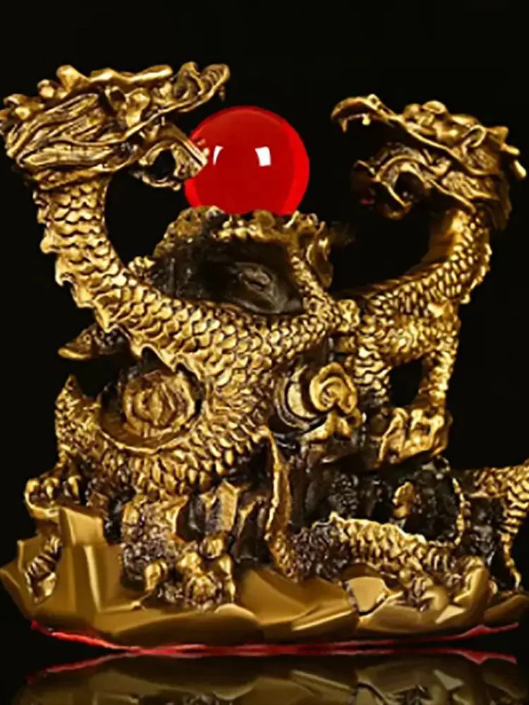 Pure Copper Ornaments Double Dragon Playing Pearl Five Elements Home Office Desktop Decor Auspicious Dragon Statues