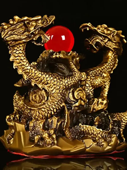 Pure Copper Ornaments Double Dragon Playing Pearl Five Elements Home Office Desktop Decor Auspicious Dragon Statues