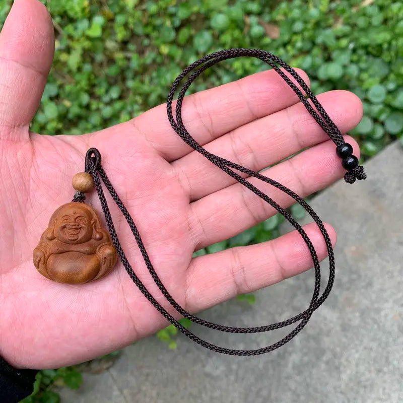 Laoshan Sandalwood Pendant Maitreya Buddha Pendant Crafts Women's  Buddha Gong Pendant Laughing Buddha Wood Carving  necklace