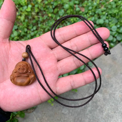 Laoshan Sandalwood Pendant Maitreya Buddha Pendant Crafts Women's  Buddha Gong Pendant Laughing Buddha Wood Carving  necklace