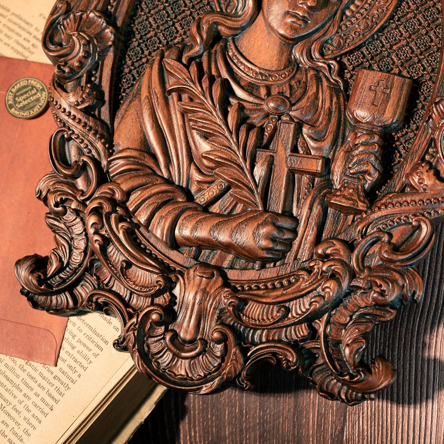 Saint Barbara Artillery Wood Carving Patron Saint Religious Mural Home Interior Wall Decor Relief Wooden Gift