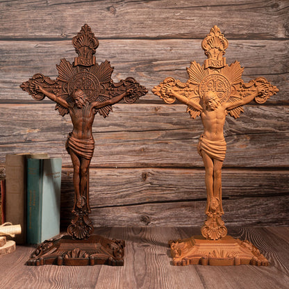 Saint Benedict Medal  Catholic Cross Order of Exorcism Wooden Carved Cross, Standing Cross Church Table Decor - With Base