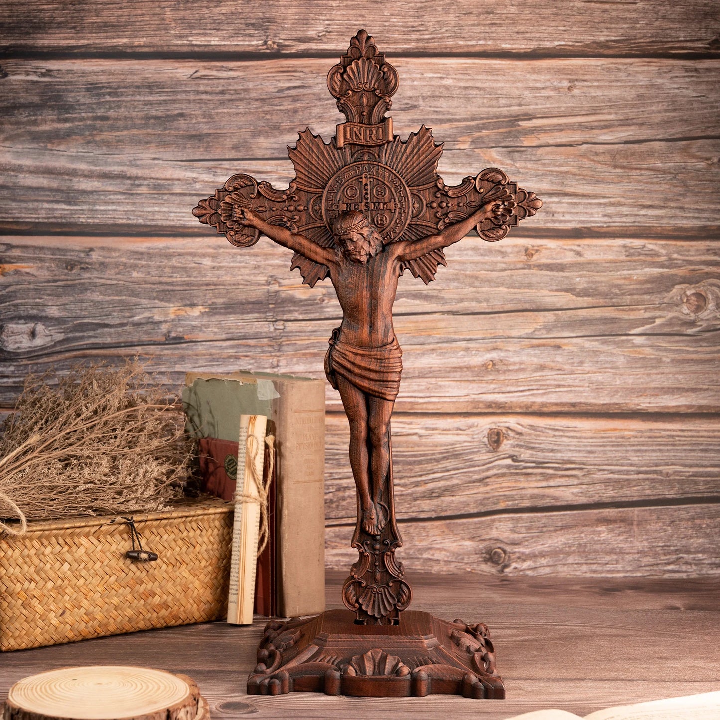 Saint Benedict Medal  Catholic Cross Order of Exorcism Wooden Carved Cross, Standing Cross Church Table Decor - With Base