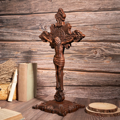 Saint Benedict Medal  Catholic Cross Order of Exorcism Wooden Carved Cross, Standing Cross Church Table Decor - With Base