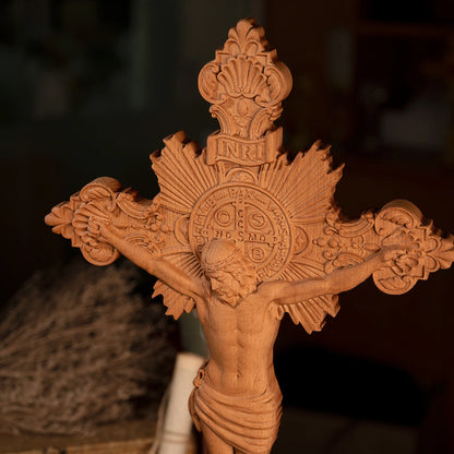 Saint Benedict Medal  Catholic Cross Order of Exorcism Wooden Carved Cross, Standing Cross Church Table Decor - With Base