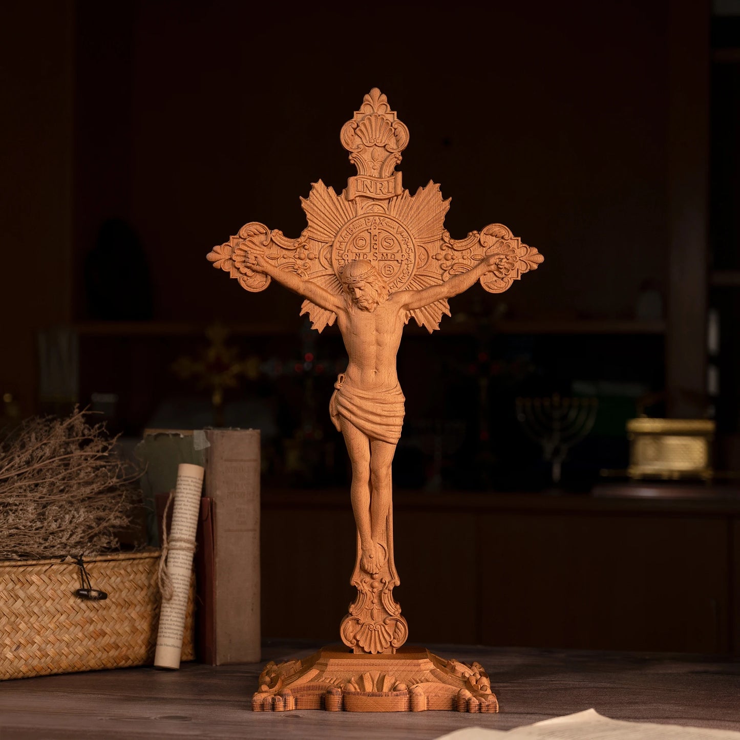 Saint Benedict Medal  Catholic Cross Order of Exorcism Wooden Carved Cross, Standing Cross Church Table Decor - With Base