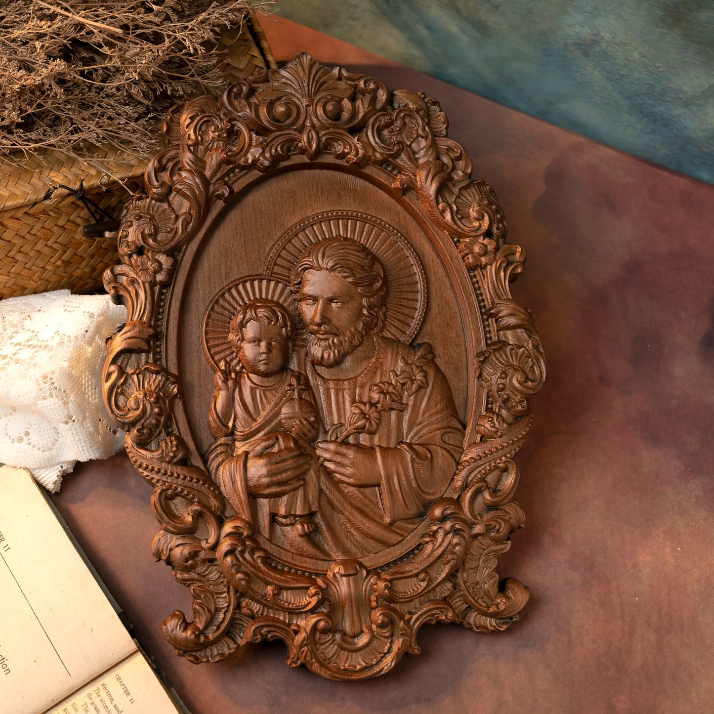 Saint Joseph Wood Carving Religious Icons Father's Day Christian Gift Wall Art Work Figure Carving Catholic Home Decor