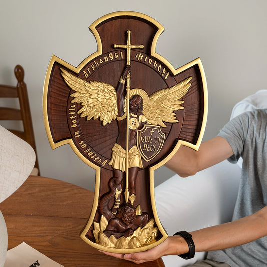 Saint Michael Archangel Cross St. Michael Statue Patron Saint Religious Figure Home Wall Decor Wooden Christian Gift