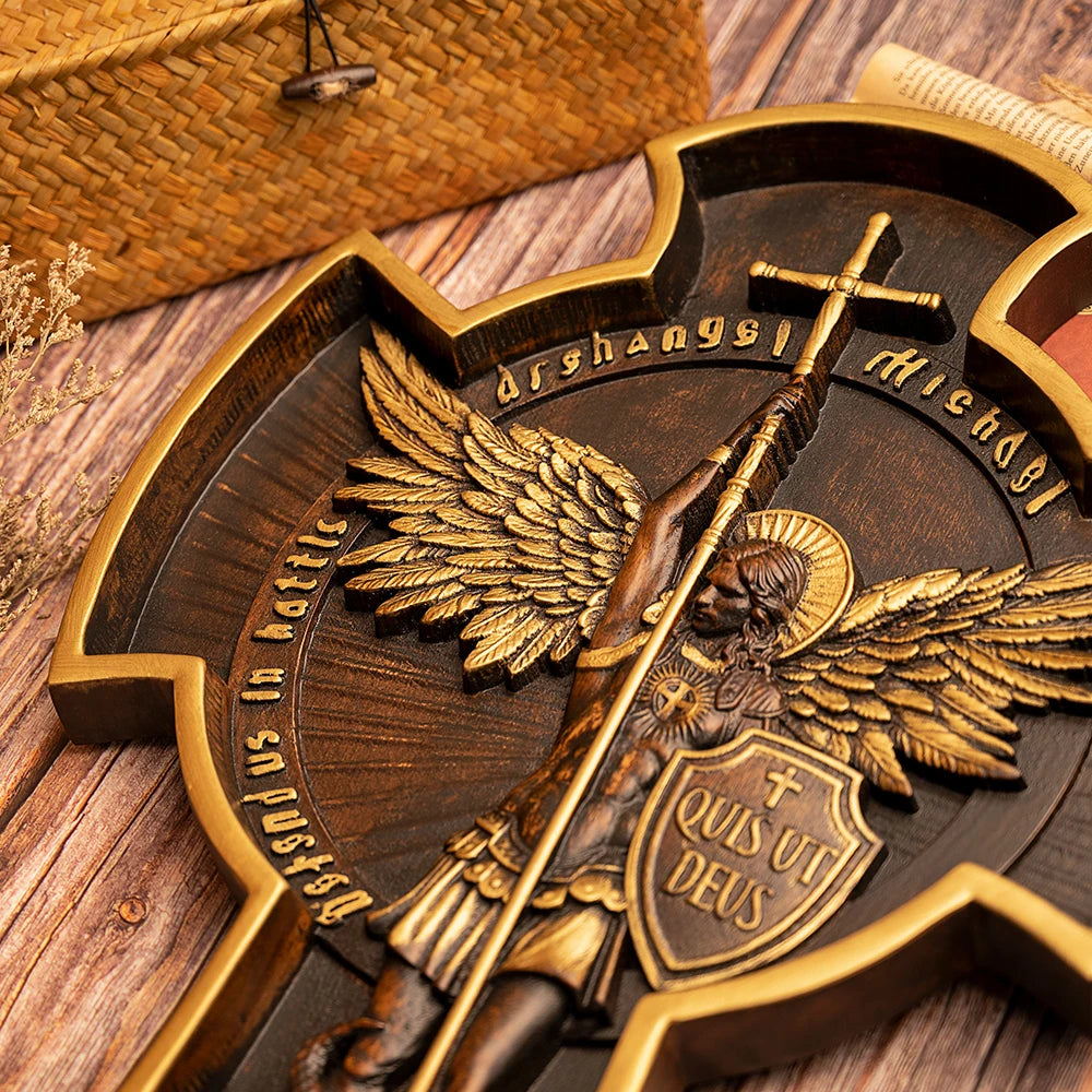 Saint Michael Archangel Cross St. Michael Statue Patron Saint Religious Figure Home Wall Decor Wooden Christian Gift