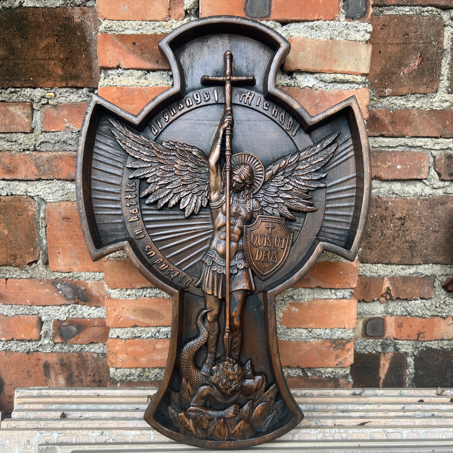 Saint Michael Archangel Cross St. Michael Statue Patron Saint Religious Figure Home Wall Decor Wooden Christian Gift