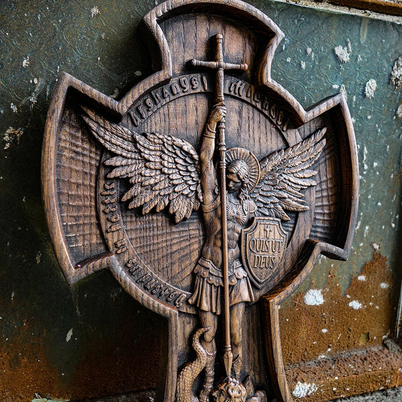 Saint Michael Archangel Cross St. Michael Statue Patron Saint Religious Figure Home Wall Decor Wooden Christian Gift