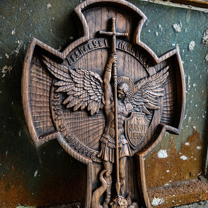 Saint Michael Archangel Cross St. Michael Statue Patron Saint Religious Figure Home Wall Decor Wooden Christian Gift